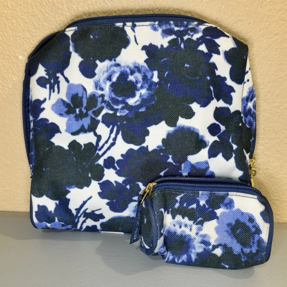 Estee Lauder Floral Cosmetic Bag Blue Roses Zip Large Extra Mini Bag Included